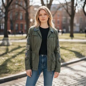 Anthropologie Hei Hei Adventurer Utility Jacket Army Green Embroidered Beaded